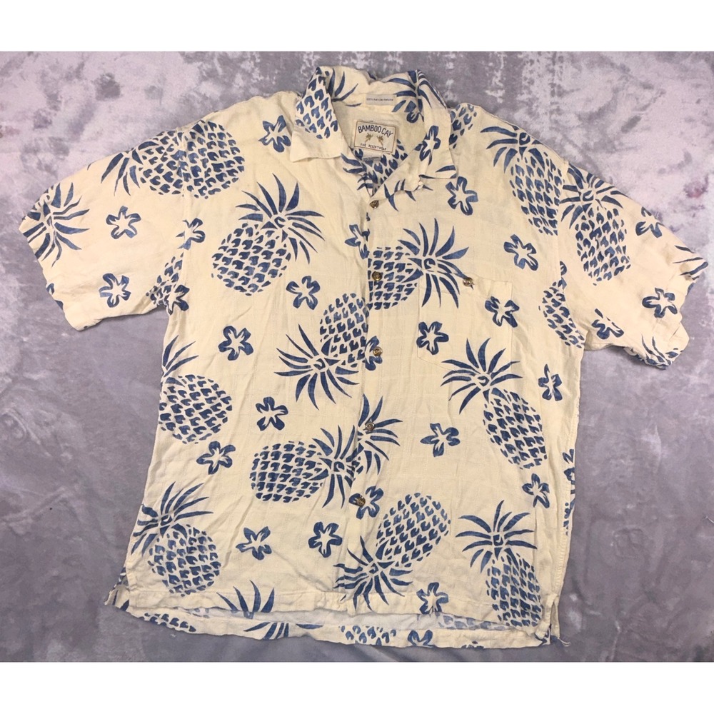 Bamboo Cay Mens Large Blue Pineapple Floral Cream Rayon Hawaiian Camp Shirt L